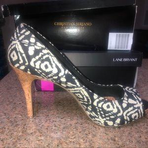 Navy Blue and White Corked Heel Peep Toe Heels